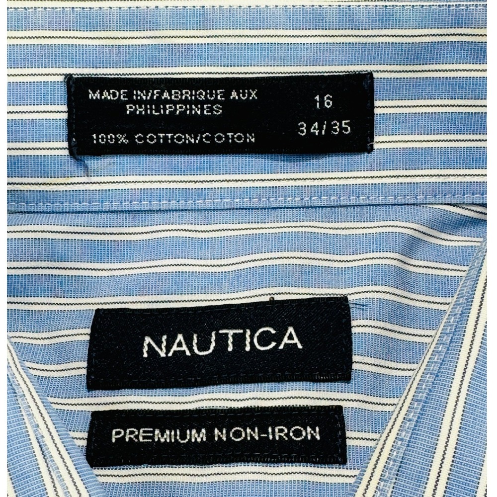 Nautica Premium Non Iron Striped Dress Shirt Men Size 16 34 35 Blue White French - Picture 5 of 16